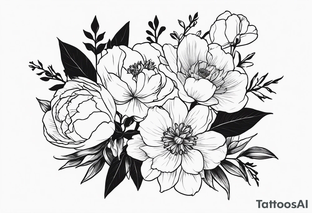 flower bouquet with a peony, larkspur, rose, and daffodil with stems showing tattoo idea