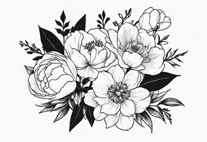 flower bouquet with a peony, larkspur, rose, and daffodil with stems showing tattoo idea