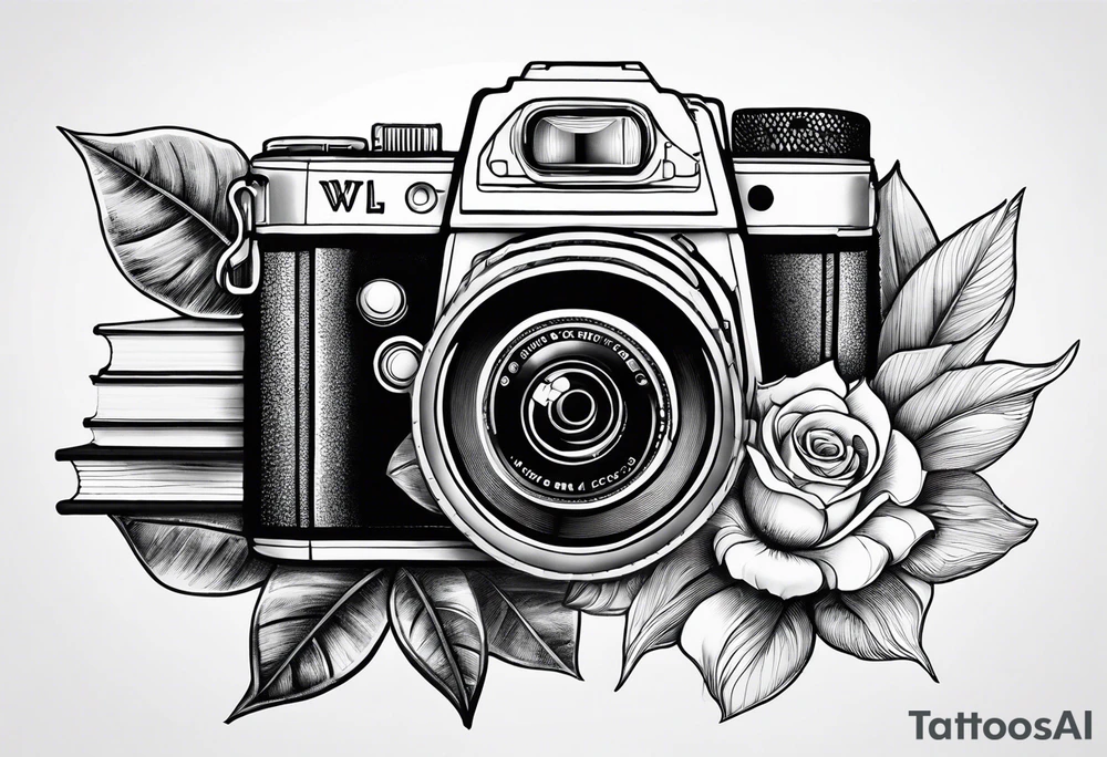 Sunflower, camera, book, owl, flower rose tattoo idea