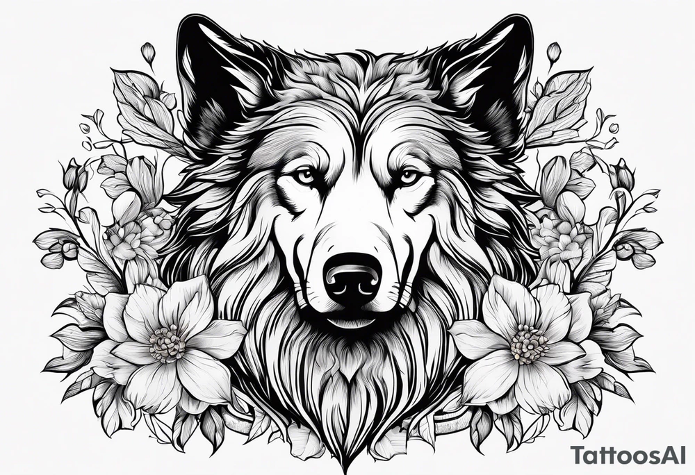 “Odin” in script cursive with April birth flowers placed nicely through it and a dogs nose print at the end tattoo idea