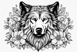 “Odin” in script cursive with April birth flowers placed nicely through it and a dogs nose print at the end tattoo idea