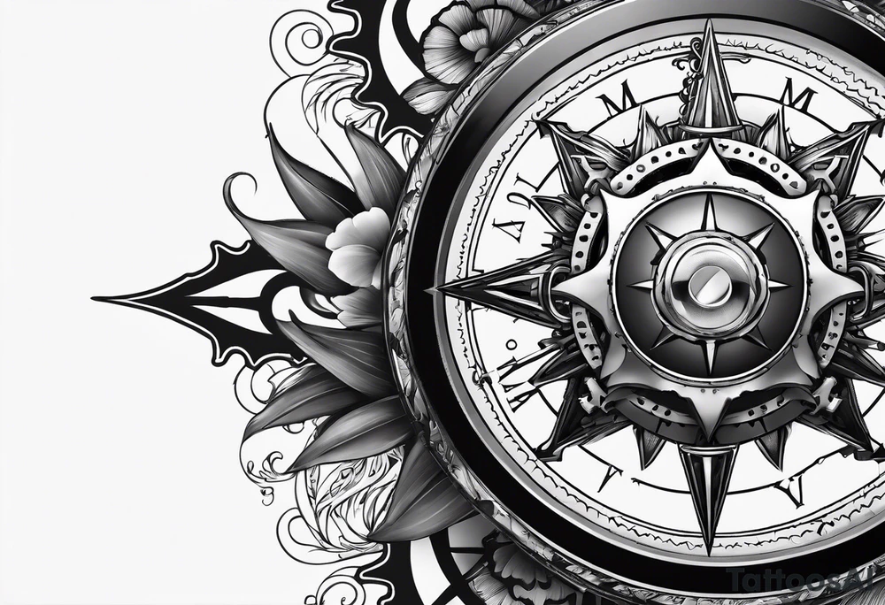 A Vintage compass and steampunk gears with gladiolus. tattoo idea