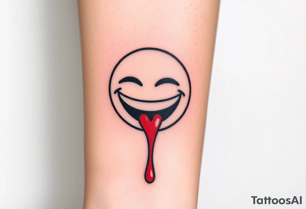 Laughing emoji with realistic stitching on its face leaking blood tattoo idea