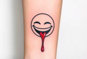 Laughing emoji with realistic stitching on its face leaking blood tattoo idea