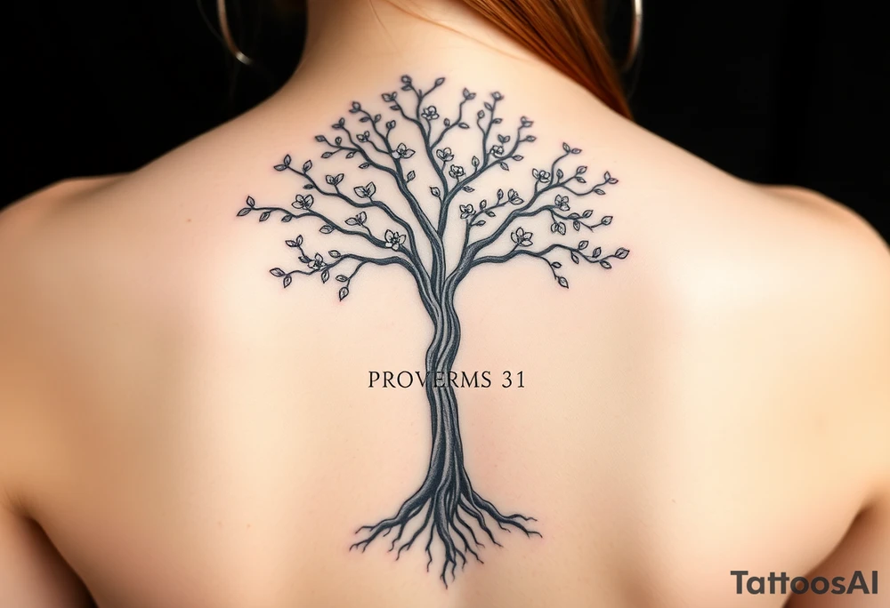 back tattoo with proverbs 31 with tree of life woman tattoo woman’s body as the trunk with no head  with roots and branches from neck with  small flowers from a few branches tattoo idea