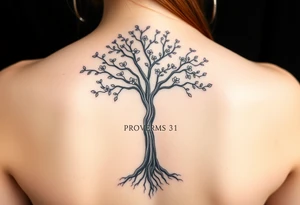 back tattoo with proverbs 31 with tree of life woman tattoo woman’s body as the trunk with no head  with roots and branches from neck with  small flowers from a few branches tattoo idea