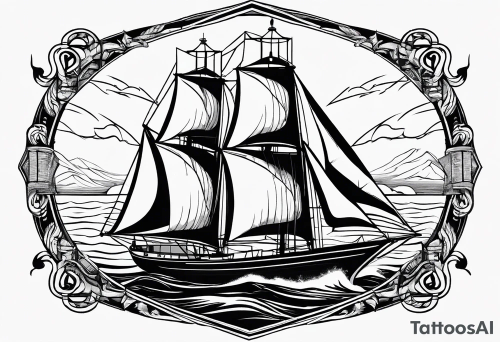 sailboat seen from the front. sail in the shape of a maritime lighthouse.phoenix drawn on the sail. tattoo idea