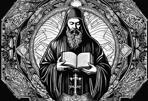 I want a orthodox priest kneeling holding a bible in his arms crying whilst looking up to god with a shining light tattoo idea