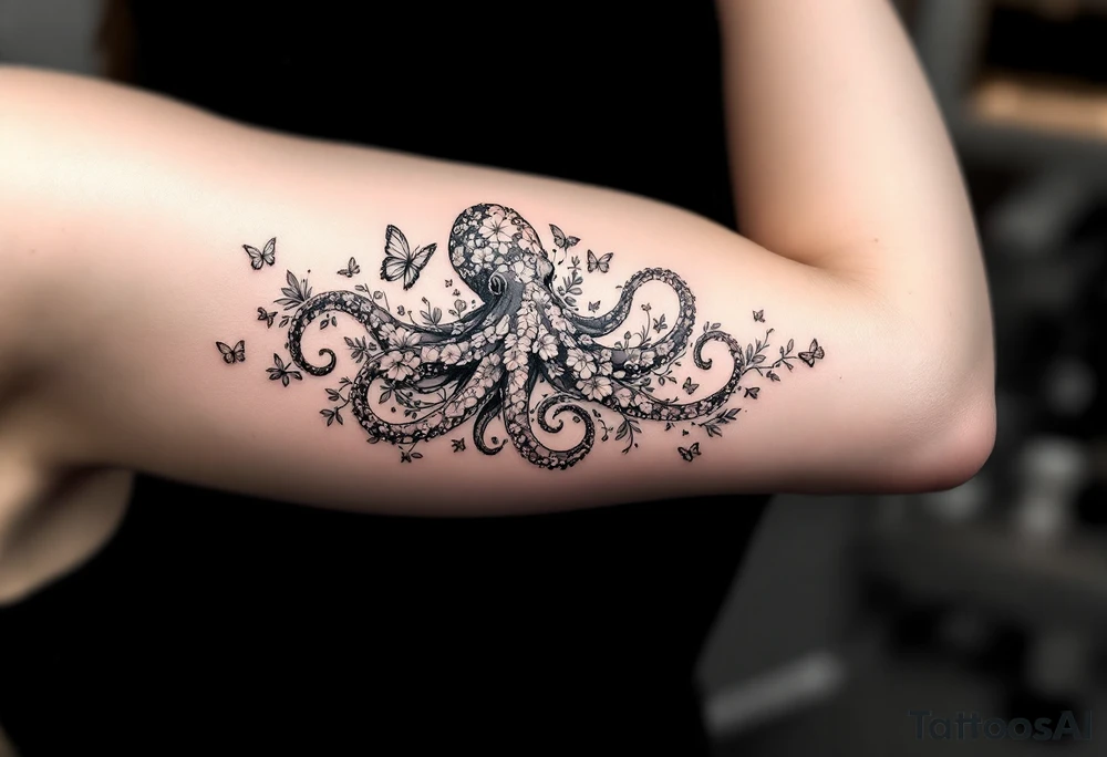 A fine-line tattoo design of a single octopus made entirely of flowers and butterflies. The octopus’s tentacles are shaped like flowing floral vines with leaves and petals, and its body is composed of overlapping blossoms and butterfly wings. The style is minimalist, elegant, and nature-inspired, with delicate black and grey lines, soft shading, and no outlines. No aquatic or marine elements besides the floral octopus. The design flows organically down the upper arm or shoulder, with a light, airy, and poetic feel. tattoo idea