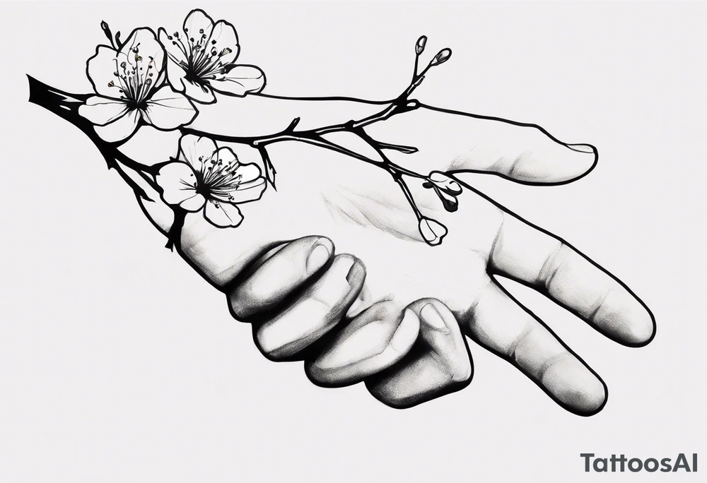 Sure thing! To guide the AI in drawing your tattoo design, you can provide step-by-step instructions like this:

1. Start by drawing a human hand pointing at a skeleton hand on the left shoulder.
2. From the wrist of the human hand, draw a cherry blossom branch sprouting out.
3. Let the branch travel down the arm, wrapping around the bicep once.
4. Narrow the branch to fit through a 7 cm gap on the forearm.
5. Finally, end the branch in a 10 cm gap on the wrist, adding more blossom flora to complete the design.

These detailed instructions should help the AI create a visual representation of your envisioned tattoo. tattoo idea