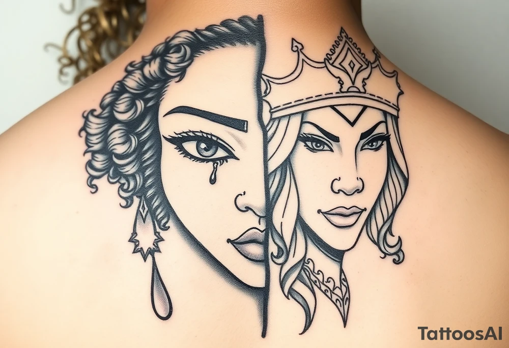 A beautiful woman with beautiful curly hair, and a teardrop falling from her eyes, African American- other 1/2 a beautiful warrior women with a crown and a smirk on her face. Embodying 1/2 faced one soft and gentle-one strong and mighty. Blend together onto 1 face tattoo idea