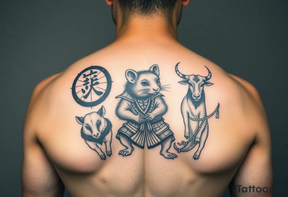 Japanese style tattoo consisting zodiac animals: rat(in the middle) dressed up samurai warrior style with with dog, goat, and ox surrounding the rat dressed up Samurai warrior style in a circular formation on the left of back tattoo idea