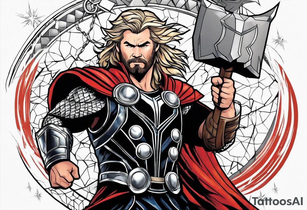 The Mighty Thor that looks like the Chris Hemsworth version with lightning in the background tattoo idea