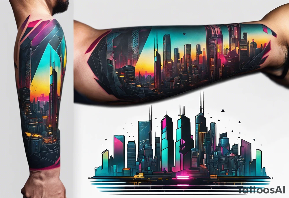 cyberpunk 2077, forearm tattoo, geometric, subtle, men, city skyline, tattoo idea