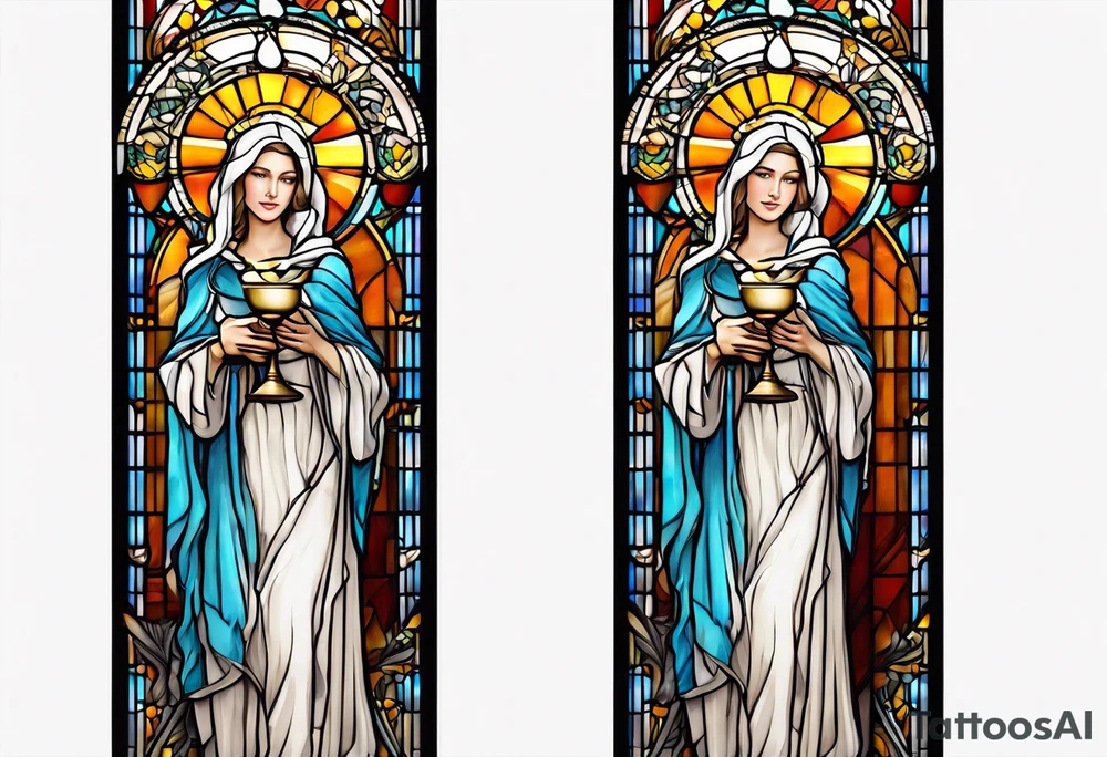 holy saint woman with halo stained glass holding a chalice tattoo idea