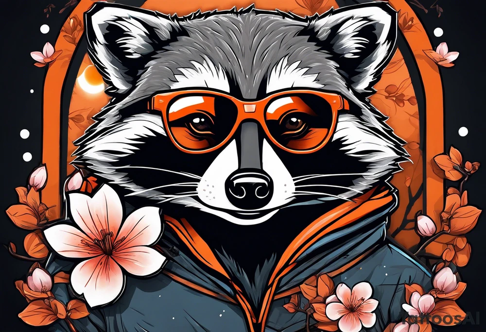 Raccoon wearing a white Superman logo on a black hoodie and orange Japanese cherry blossoms beside tattoo idea