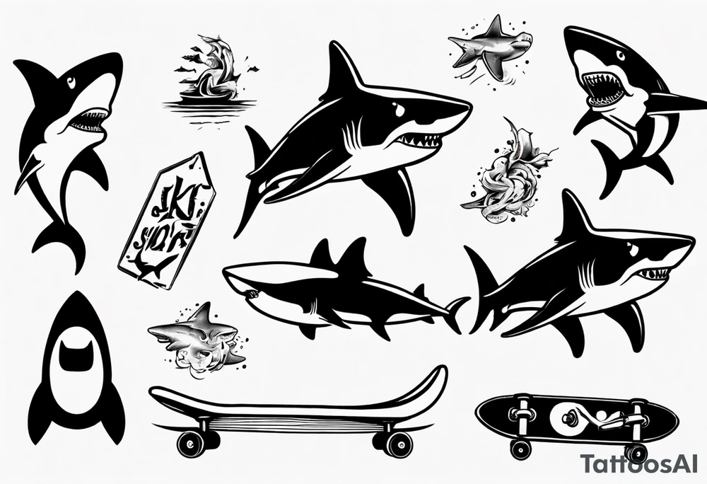 shark flying on a skateboard tattoo idea