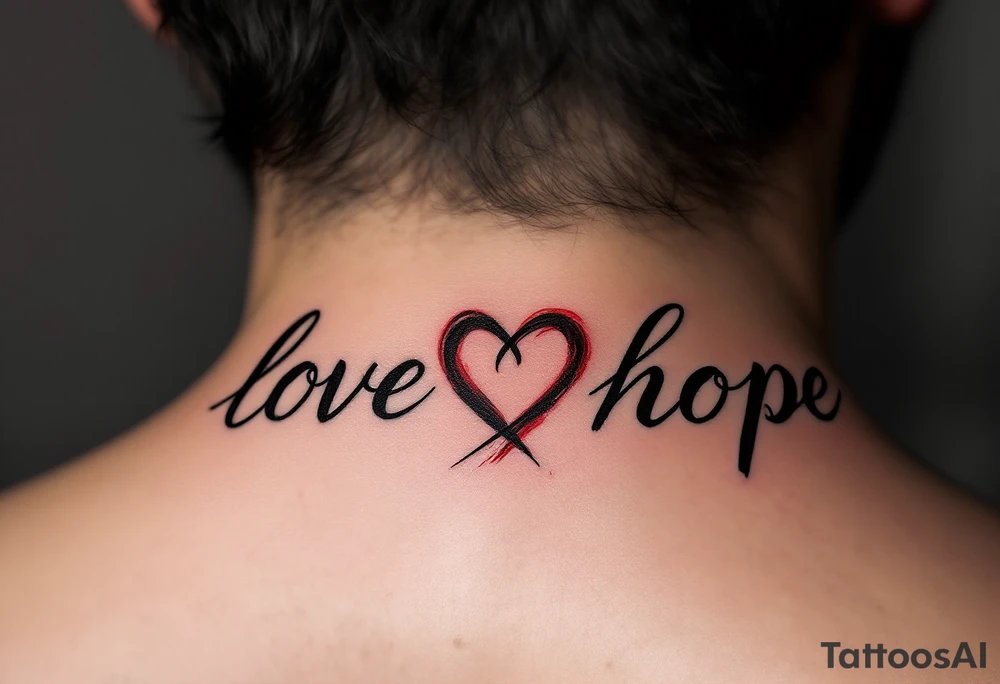 Brushstroke style tattoo in dark ink love faith hope with a crimson heart replacing the letter "o" in "love and hope". tattoo idea
