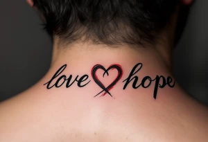 Brushstroke style tattoo in dark ink love faith hope with a crimson heart replacing the letter "o" in "love and hope". tattoo idea
