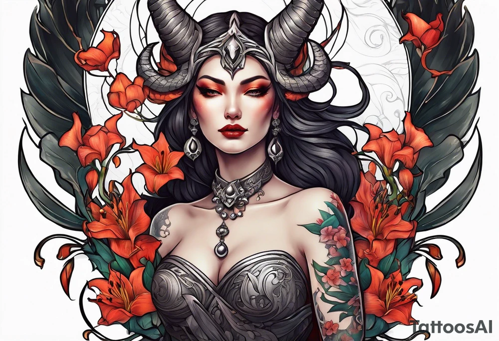 a profile of the demon goddess lilith holding a serpent surrounded by lilies tattoo idea