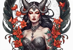 a profile of the demon goddess lilith holding a serpent surrounded by lilies tattoo idea