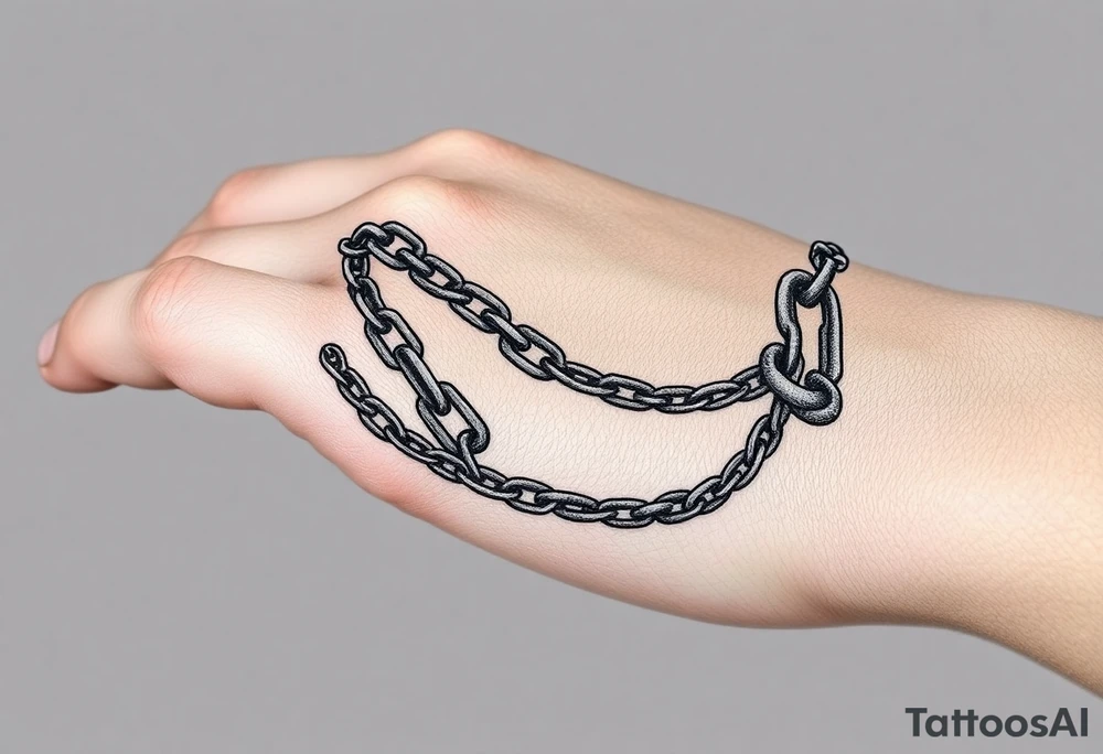 Chains intertwined around wrist going up to the thumb and index finger and connecting tattoo idea