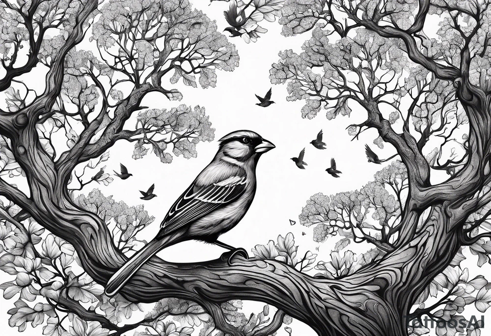 oak tree with finch birds tattoo idea