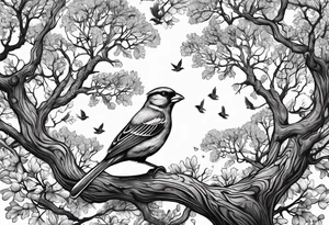 oak tree with finch birds tattoo idea