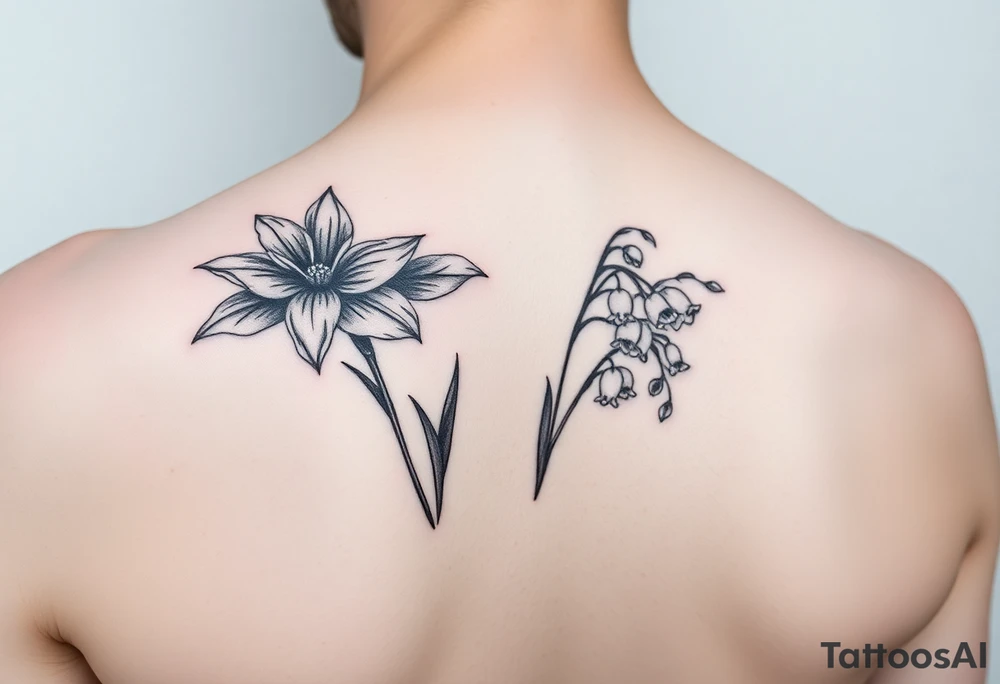 shoulder blade tattoo for women with daffodils, daisy, lily of the valley tattoo idea