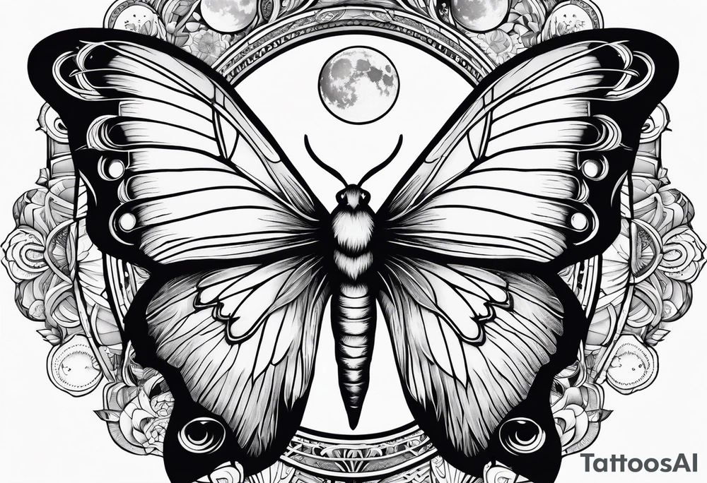 luna moth surrounded by the phases of the moon tattoo idea