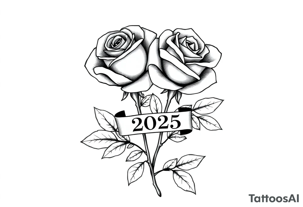 two beautiful large rose buds, one larger than the other, with many leaves next to the rose buds, with one sitting higher than the other. Include a banner connecting the two roses with the year "2025" on it.   Use dark outlines with little shading. The two stems should be short, not long, and connect and join into one stem, whimsically curved or twisted - not straight down. tattoo idea