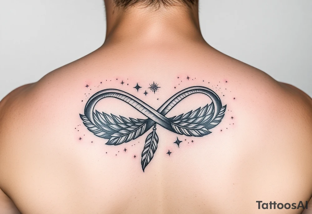a manly infinity symbol woven with floating feathers and stardust tattoo idea