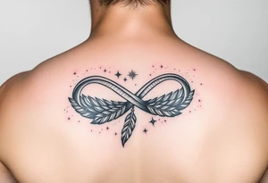 a manly infinity symbol woven with floating feathers and stardust tattoo idea