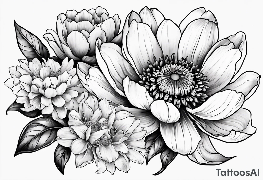 Floral design cherry blossom, peony, sunflower, tulip, lily tattoo idea