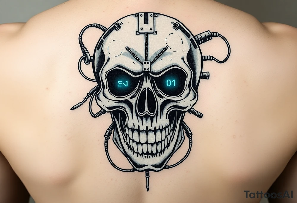 Cybernetic Skull with Wires & Tubes
A grinning skull with cybernetic plating, exposed wires, and tubes snaking out of it.
Neon lights glowing in its eye sockets, maybe displaying error codes or symbols.
Could incorporate biomechanical elements, making it look fused with tech. tattoo idea