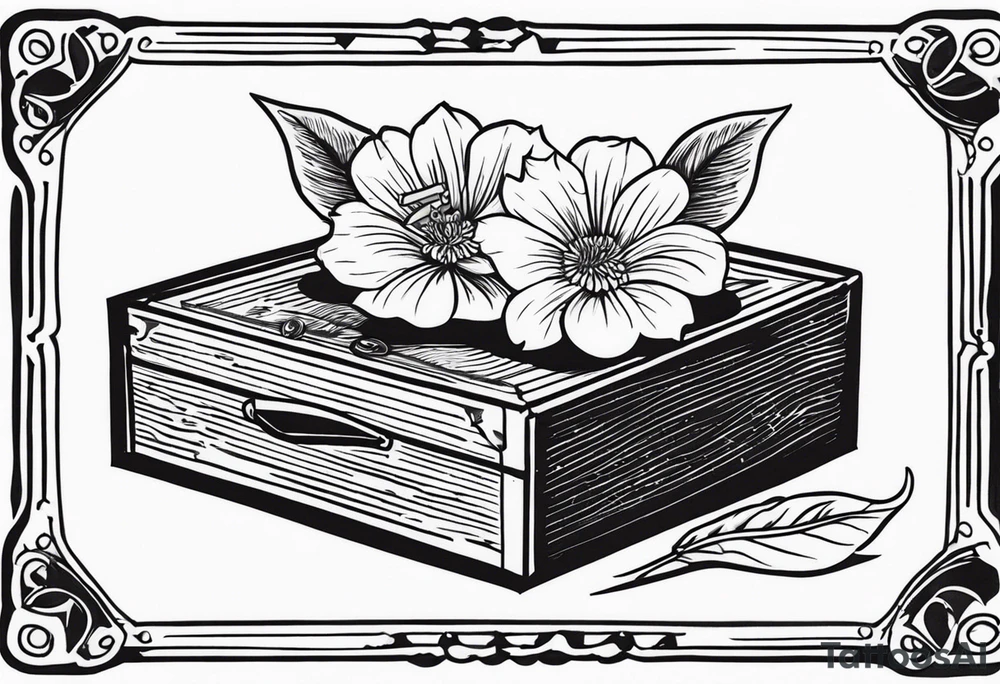 An sailor Jerry style tattoo of a vintage cigar box with one lit cigar and one flower on top tattoo idea