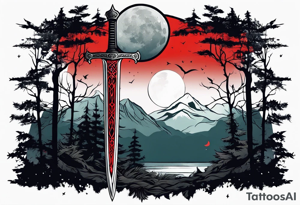 Sword with red moon behind it in the woods tattoo idea