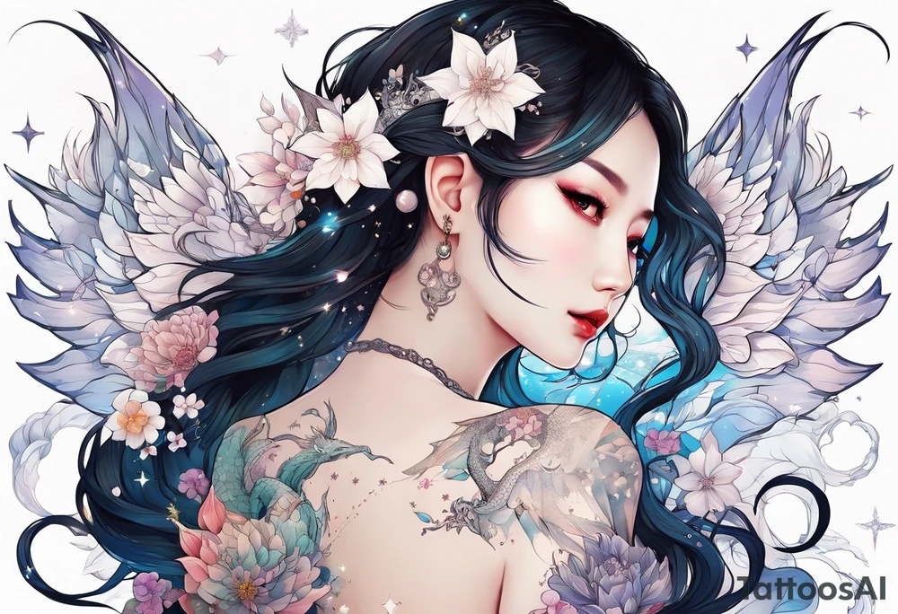 Constellation, wing , snow , cross , dragon female japan kawaii , flower tattoo idea