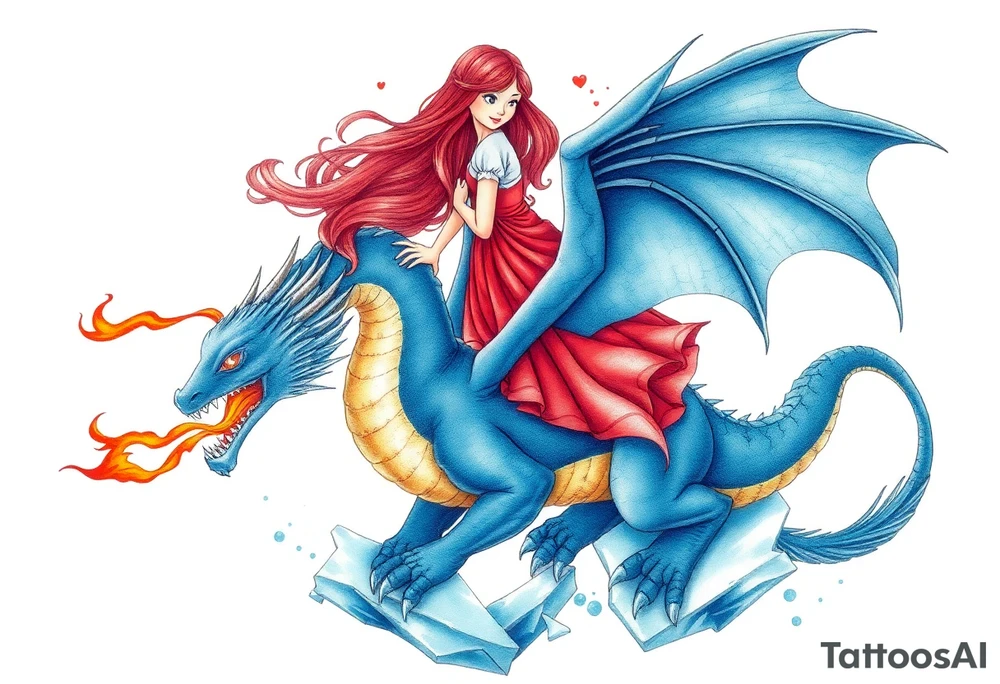 Redheaded girl riding a blue fire breathing dragon with wings spread and flying over ice tattoo idea