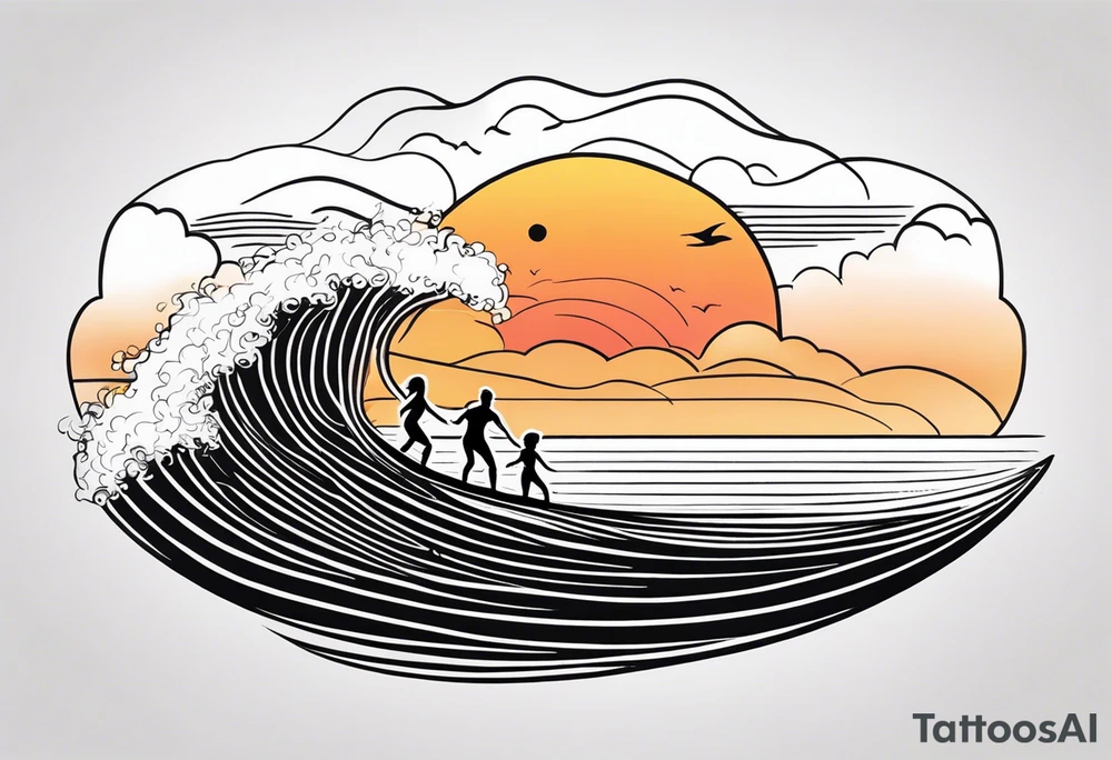 Black and white Line work tattoo depicting a father surfing with his two daughters.  The sunset and horizon have musical notes. tattoo idea