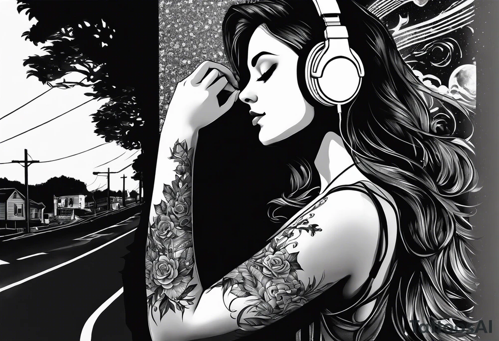 a girl listening to music with over the ear headphones along a dark road at night showing her shadow tattoo idea