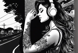 a girl listening to music with over the ear headphones along a dark road at night showing her shadow tattoo idea