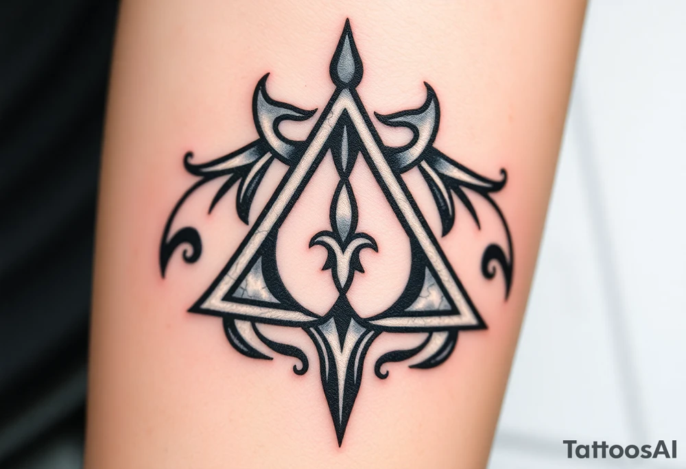 A silver and black Deathly Hallows full symbol, with each element forged in different textures—smooth metal for the Elder Wand, worn parchment for the Cloak, and cracked crystal for the Stone tattoo idea