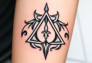 A silver and black Deathly Hallows full symbol, with each element forged in different textures—smooth metal for the Elder Wand, worn parchment for the Cloak, and cracked crystal for the Stone tattoo idea