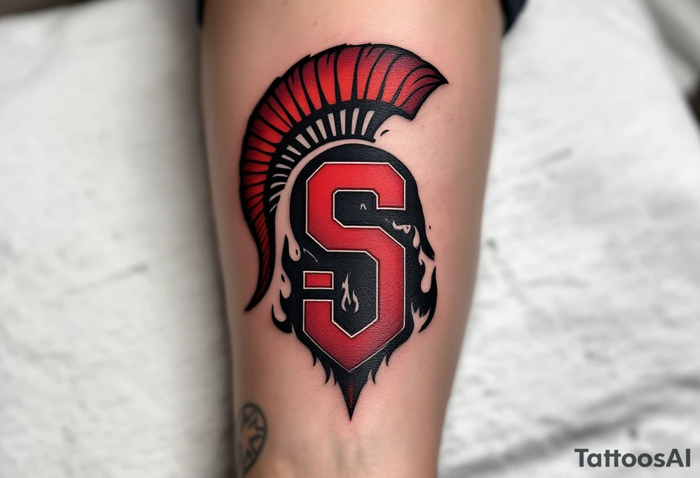 A bold red and burgundy "Sparta" with bold “S” crest wrapped in black flames on the forearm. tattoo idea