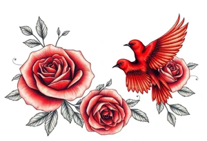 Vintage lace, red roses close together, bright red bird flying freely tattoo idea