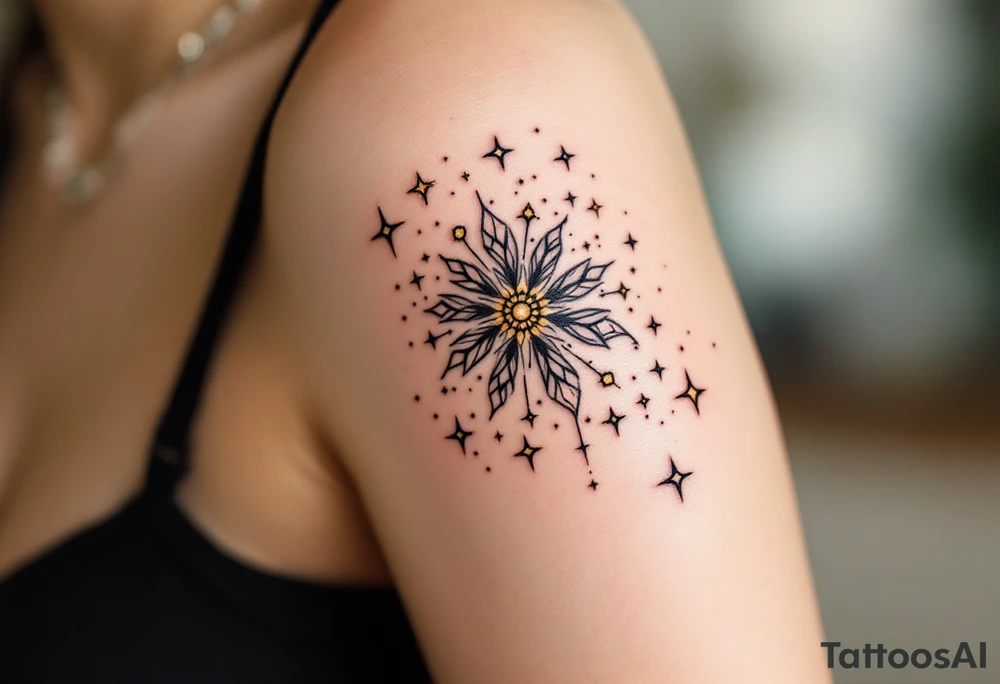 Family inked in fine-line black with tiny gold stars scattered around it like a constellation. tattoo idea