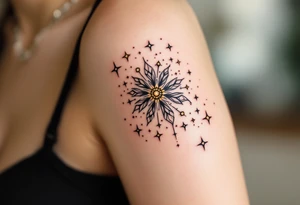 Family inked in fine-line black with tiny gold stars scattered around it like a constellation. tattoo idea