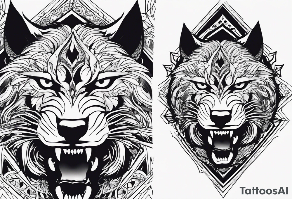 A tattoo designed for the knee, featuring the face of a feral beast with wild, exaggerated features, such as sharp fangs, intense eyes, and a snarling expression. The design incorporates large areas of white space for contrast, with beams of light or energy radiating outward from the beast’s eyes in a chaotic and powerful pattern. The overall look should be bold and primal, with flowing lines that adapt naturally to the curvature of the knee. tattoo idea