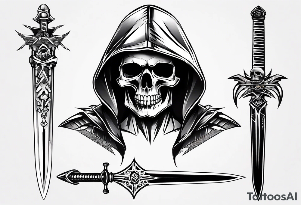 hooded skull sword tattoo idea